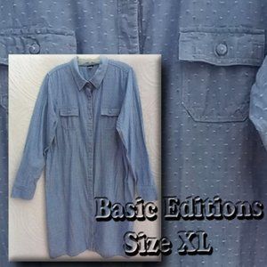 Basic Editions Blue Chambray White Swiss Dot Long Tunic Top Dress XL  (T-214)